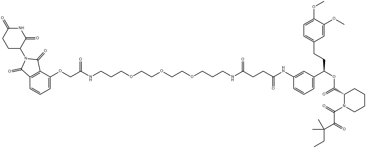 2-Piperidinecarboxylic acid, 1-(3,3-dimethyl-1,2-dioxopentyl)-, (1R)-3-(3,4-dimethoxyphenyl)-1-[3-[[21-[[2-(2,6-dioxo-3-piperidinyl)-2,3-dihydro-1,3-dioxo-1H-isoindol-4-yl]oxy]-1,4,20-trioxo-9,12,15-trioxa-5,19-diazaheneicos-1-yl]amino]phenyl]propyl ester, (2S)- Structure