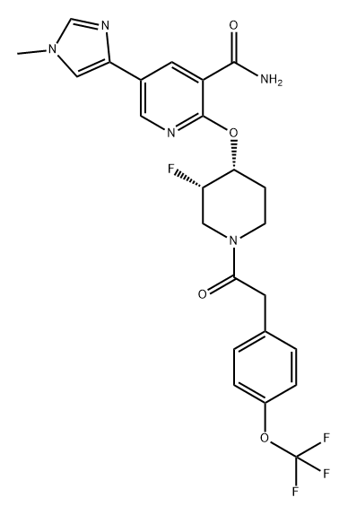 3-Pyridinecarboxamide, 2-[[(3S,4R)-3-fluoro-1-[2-[4-(trifluoromethoxy)phenyl]acetyl]-4-piperidinyl]oxy]-5-(1-methyl-1H-imidazol-4-yl)- Structure