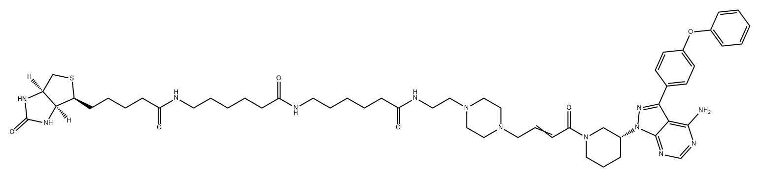 1H-Thieno[3,4-d]imidazole-4-pentanamide, N-[6-[[6-[[2-[4-[4-[(3R)-3-[4-amino-3-(4-phenoxyphenyl)-1H-pyrazolo[3,4-d]pyrimidin-1-yl]-1-piperidinyl]-4-oxo-2-buten-1-yl]-1-piperazinyl]ethyl]amino]-6-oxohexyl]amino]-6-oxohexyl]hexahydro-2-oxo-, (3aS,4S,6aR)- Structure