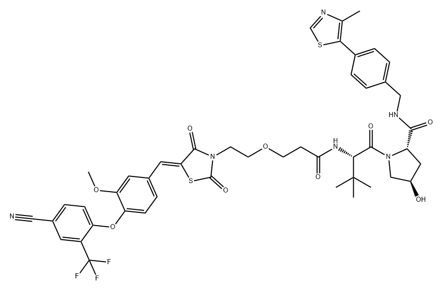 L-Prolinamide, N-[3-[2-[(5Z)-5-[[4-[4-cyano-2-(trifluoromethyl)phenoxy]-3-methoxyphenyl]methylene]-2,4-dioxo-3-thiazolidinyl]ethoxy]-1-oxopropyl]-3-methyl-L-valyl-4-hydroxy-N-[[4-(4-methyl-5-thiazolyl)phenyl]methyl]-, (4R)- Structure