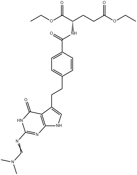 L-Glutamic acid, N-[4-[2-[2-[[(dimethylamino)methylene]amino]-4,7-dihydro-4-oxo-3H-pyrrolo[2,3-d]pyrimidin-5-yl]ethyl]benzoyl]-, 1,5-diethyl ester 구조식 이미지