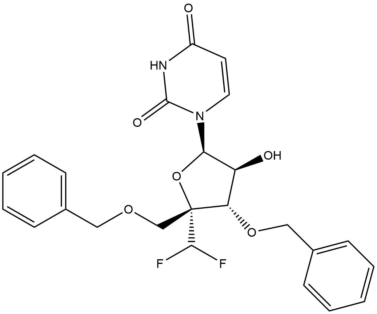 2,4(1H,3H)-Pyrimidinedione, 1-[4-C-(difluoromethyl)-3,5-bis-O-(phenylmethyl)-β-D-arabinofuranosyl]- Structure