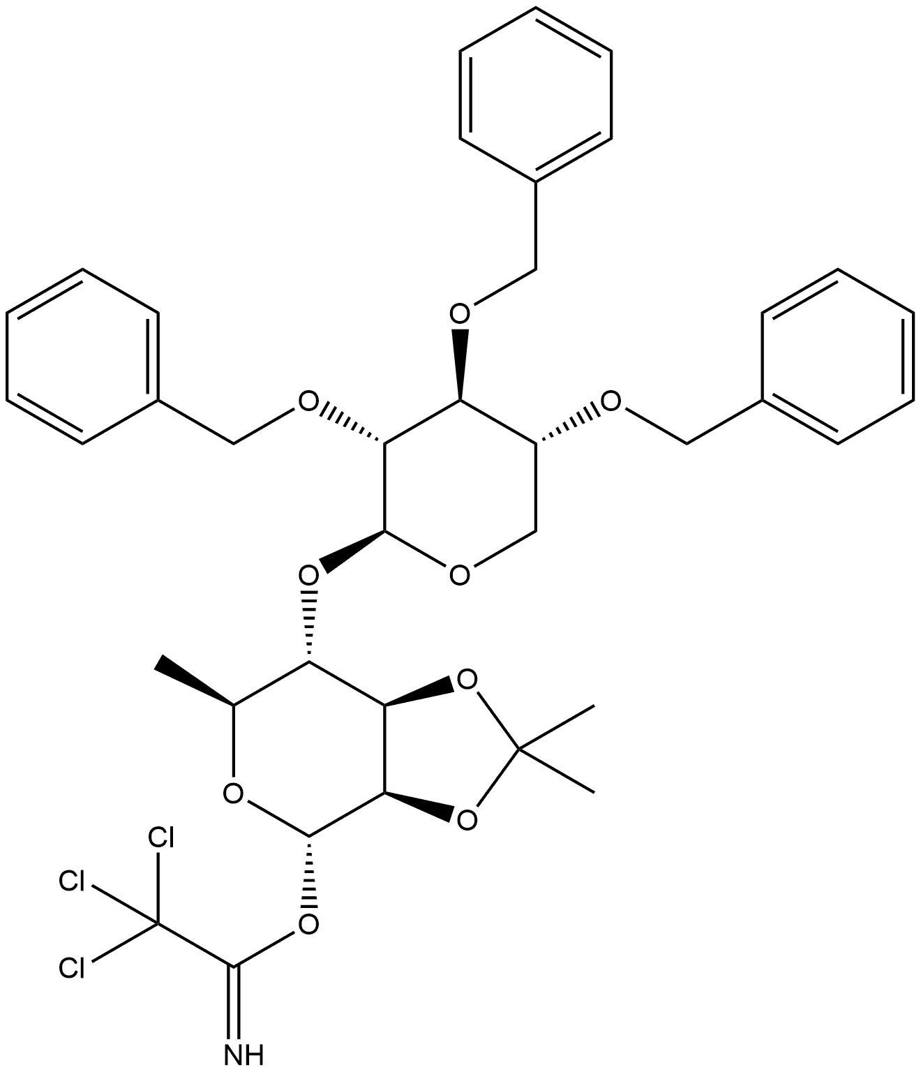 1-(2,2,2-trichloroethanimidate)-6-deoxy-2,3-O-(1-methylethylidene)-4-O-[2,3,4-tris-O-(phenylmethyl)-β-D-xylopyranosyl]- α-L-Mannopyranose Structure
