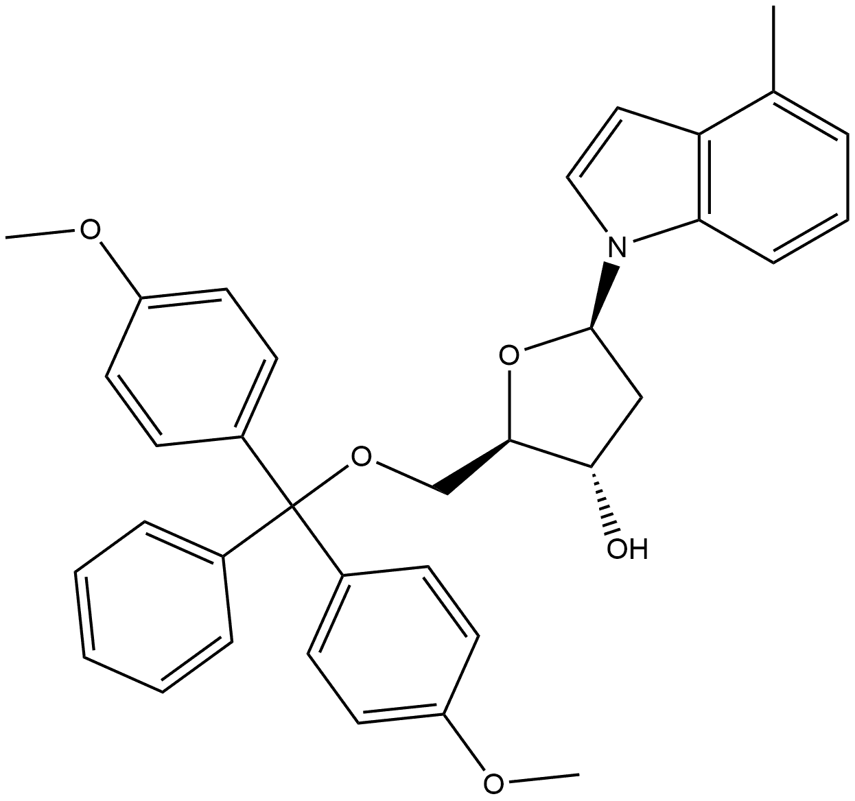 1-(5-O-(Dimethoxytrityl)-β-D-2-deoxyribofuranosyl)-4-methylindole 구조식 이미지