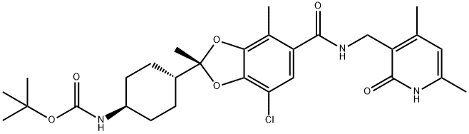 Carbamic acid, N-[trans-4-[(2R)-7-chloro-5-[[[(1,2-dihydro-4,6-dimethyl-2-oxo-3-pyridinyl)methyl]amino]carbonyl]-2,4-dimethyl-1,3-benzodioxol-2-yl]cyclohexyl]-, 1,1-dimethylethyl ester Structure