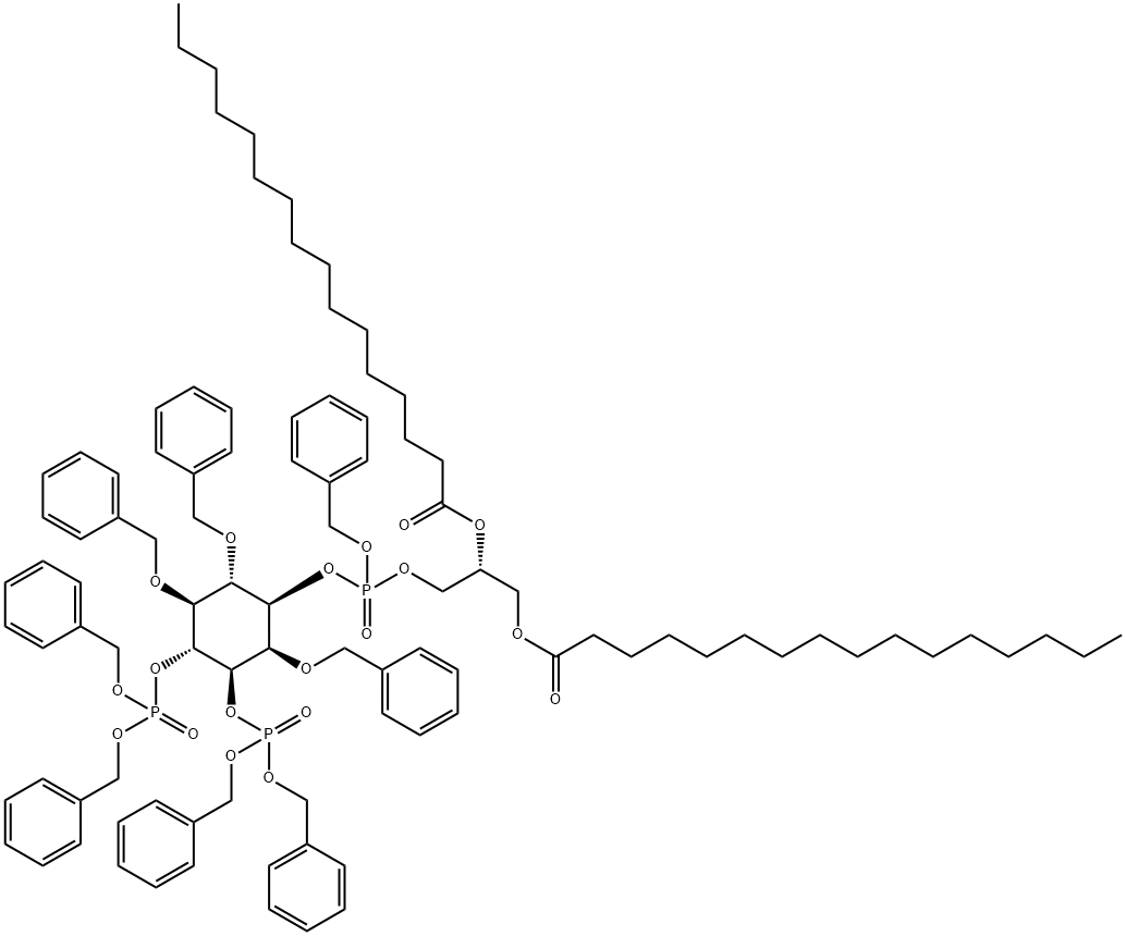 D-myo-Inositol, 2,5,6-tris-O-(phenylmethyl)-, 1-(2R)-2,3-bis(1-oxohexadecyl)oxypropyl phenylmethyl phosphate 3,4-bisbis(phenylmethyl) phosphate Structure