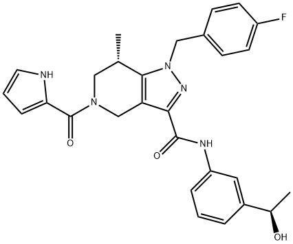 1H-Pyrazolo[4,3-c]pyridine-3-carboxamide, 1-[(4-fluorophenyl)methyl]-4,5,6,7-tetrahydro-N-[3-[(1R)-1-hydroxyethyl]phenyl]-7-methyl-5-(1H-pyrrol-2-ylcarbonyl)-, (7S)- Structure