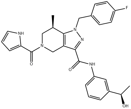 1H-Pyrazolo[4,3-c]pyridine-3-carboxamide, 1-[(4-fluorophenyl)methyl]-4,5,6,7-tetrahydro-N-[3-[(1R)-1-hydroxyethyl]phenyl]-7-methyl-5-(1H-pyrrol-2-ylcarbonyl)-, (7R)- Structure