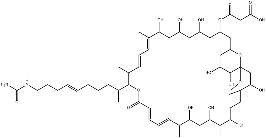 Propanedioic acid, mono[(10E,12E,18E,20E)-15-[(5E)-9-[(aminocarbonyl)amino]-1-methyl-5-nonenyl]-5,7,9,23,25,27,31,34,35-nonahydroxy-33-methoxy-10,14,22,26,30-pentamethyl-17-oxo-16,37-dioxabicyclo[31.3.1]heptatriaconta-10,12,18,20-tetraen-3-yl] ester (9CI) 구조식 이미지
