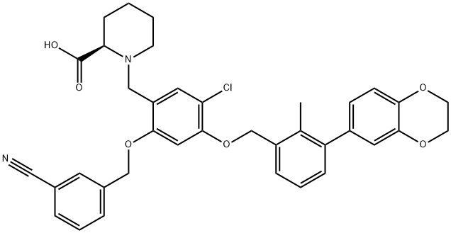 2-Piperidinecarboxylic acid, 1-[[5-chloro-2-[(3-cyanophenyl)methoxy]-4-[[3-(2,3-dihydro-1,4-benzodioxin-6-yl)-2-methylphenyl]methoxy]phenyl]methyl]-, (2R)- Structure