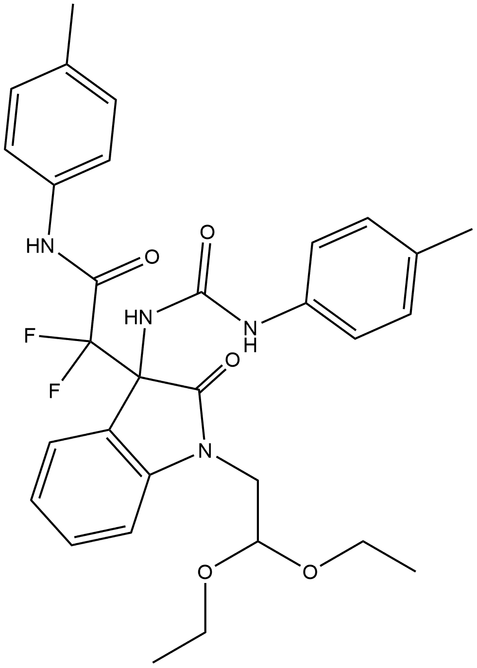 1H-Indole-3-acetamide, 1-(2,2-diethoxyethyl)-α,α-difluoro-2,3-dihydro-N-(4-methylphenyl)-3-[[[(4-methylphenyl)amino]carbonyl]amino]-2-oxo- Structure