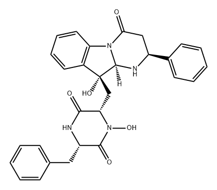 2,5-Piperazinedione, 6-[[(2S,10R,10aR)-1,2,3,4,10,10a-hexahydro-10-hydroxy-4-oxo-2-phenylpyrimido[1,2-a]indol-10-yl]methyl]-1-hydroxy-3-(phenylmethyl)-, (3S,6S)- Structure