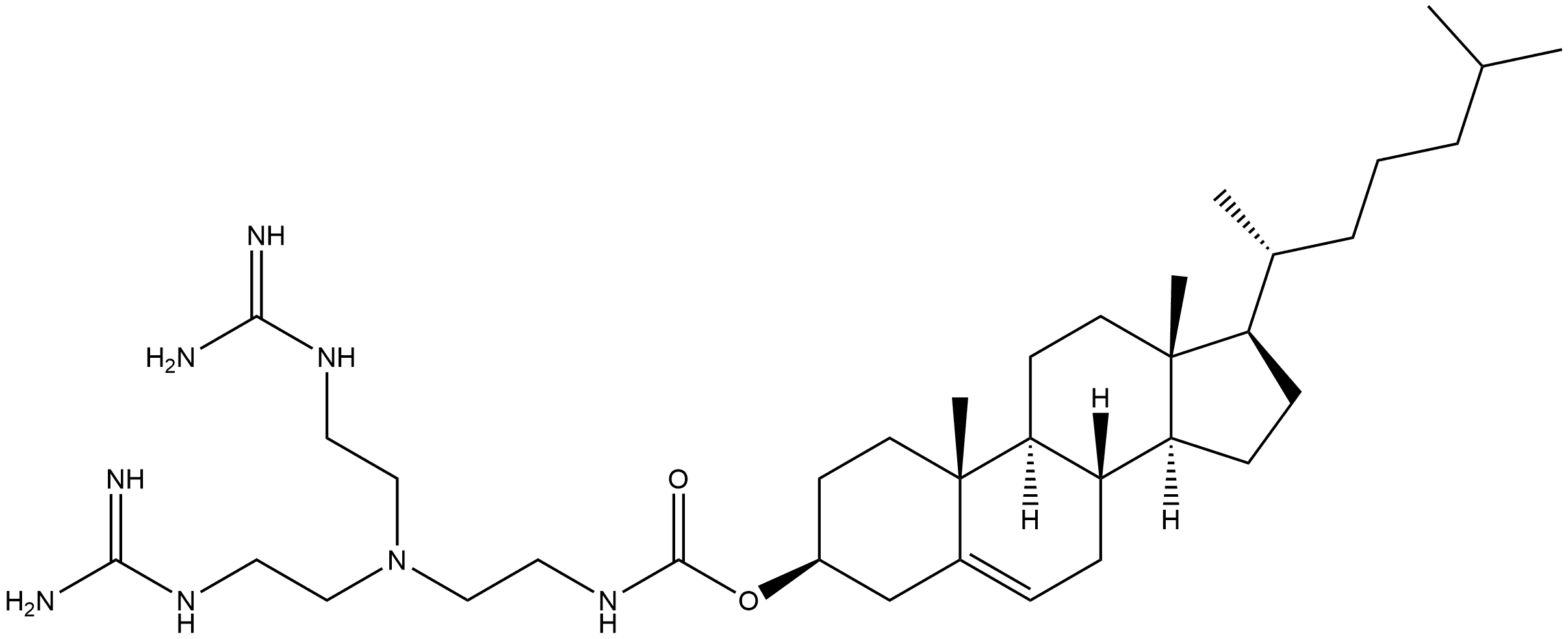 Cholest-5-en-3-ol (3β)-, 3-[N-[2-[bis[2-[(aminoiminomethyl)amino]ethyl]amino]ethyl]carbamate] Structure