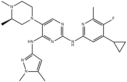 2,4-Pyrimidinediamine, N2-(4-cyclopropyl-5-fluoro-6-methyl-2-pyridinyl)-5-[(3R)-3,4-dimethyl-1-piperazinyl]-N4-(1,5-dimethyl-1H-pyrazol-3-yl)- Structure