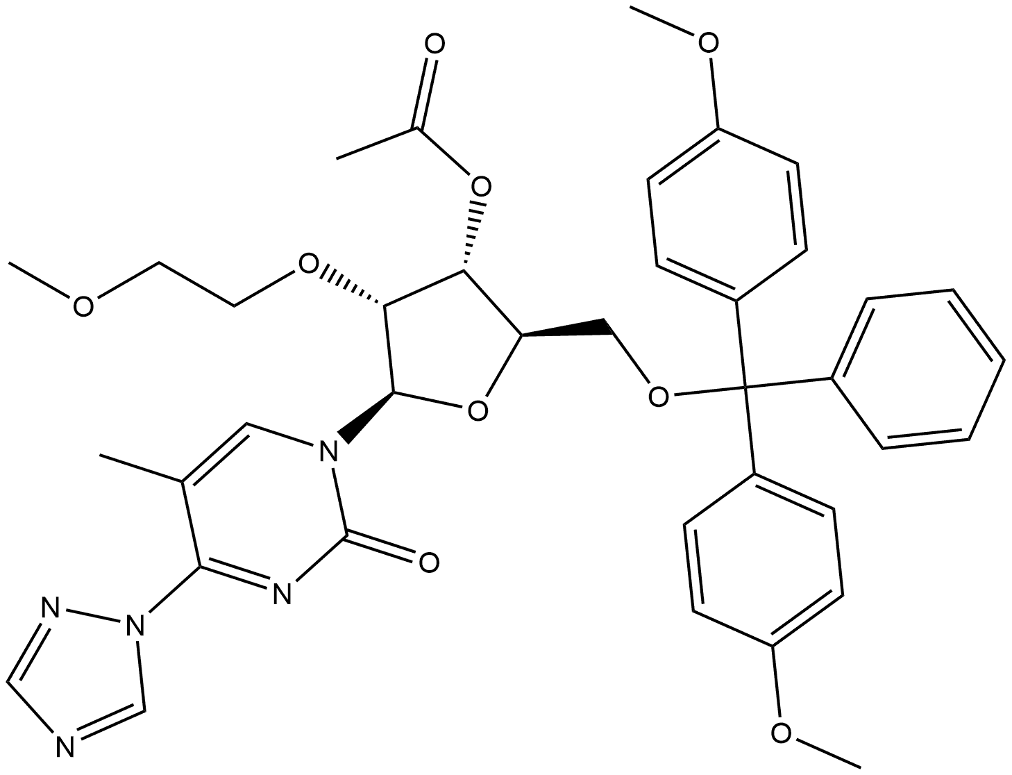 2(1H)-Pyrimidinone, 1-[3-O-acetyl-5-O-[bis(4-methoxyphenyl)phenylmethyl]-2-O-(2-methoxyethyl)-β-D-ribofuranosyl]-5-methyl-4-(1H-1,2,4-triazol-1-yl)- Structure