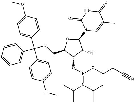 5'-O-(4,4'-Dimethoxytrityl)-2'-deoxy-2'-fluoro-5-methyluridine-3'-O-[(2-cyanoethyl)-(N,N-diisopropyl)]-phosphoramidite 구조식 이미지