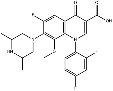 1-(2,4-Difluorophenyl)-7-(3,5-dimethylpiperazin-1-yl)-6-fluoro-8-methoxy-4-oxo-1,4-dihydroquinoline-3-carboxylic acid 구조식 이미지