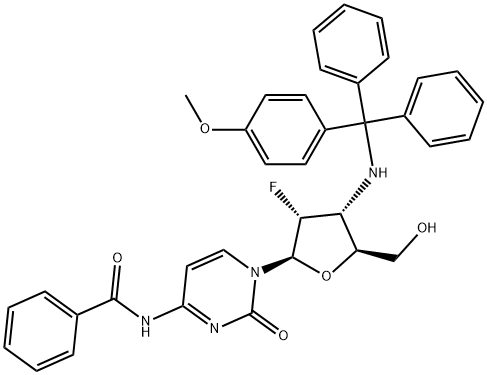 Cytidine, N-?benzoyl-?2',?3'-?dideoxy-?2'-?fluoro-?3'-?[[(4-?methoxyphenyl)?diphenylmethyl]?amino]?-(9CI) Structure