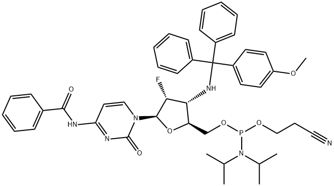 Cytidine, N-?benzoyl-?2',?3'-?dideoxy-?2'-?fluoro-?3'-?[[(4-?methoxyphenyl)?diphenylmethyl]?amino]?-?, 5'-?[2-?cyanoethyl bis(1-?methylethyl)?phosphoramidite] (9CI) Structure