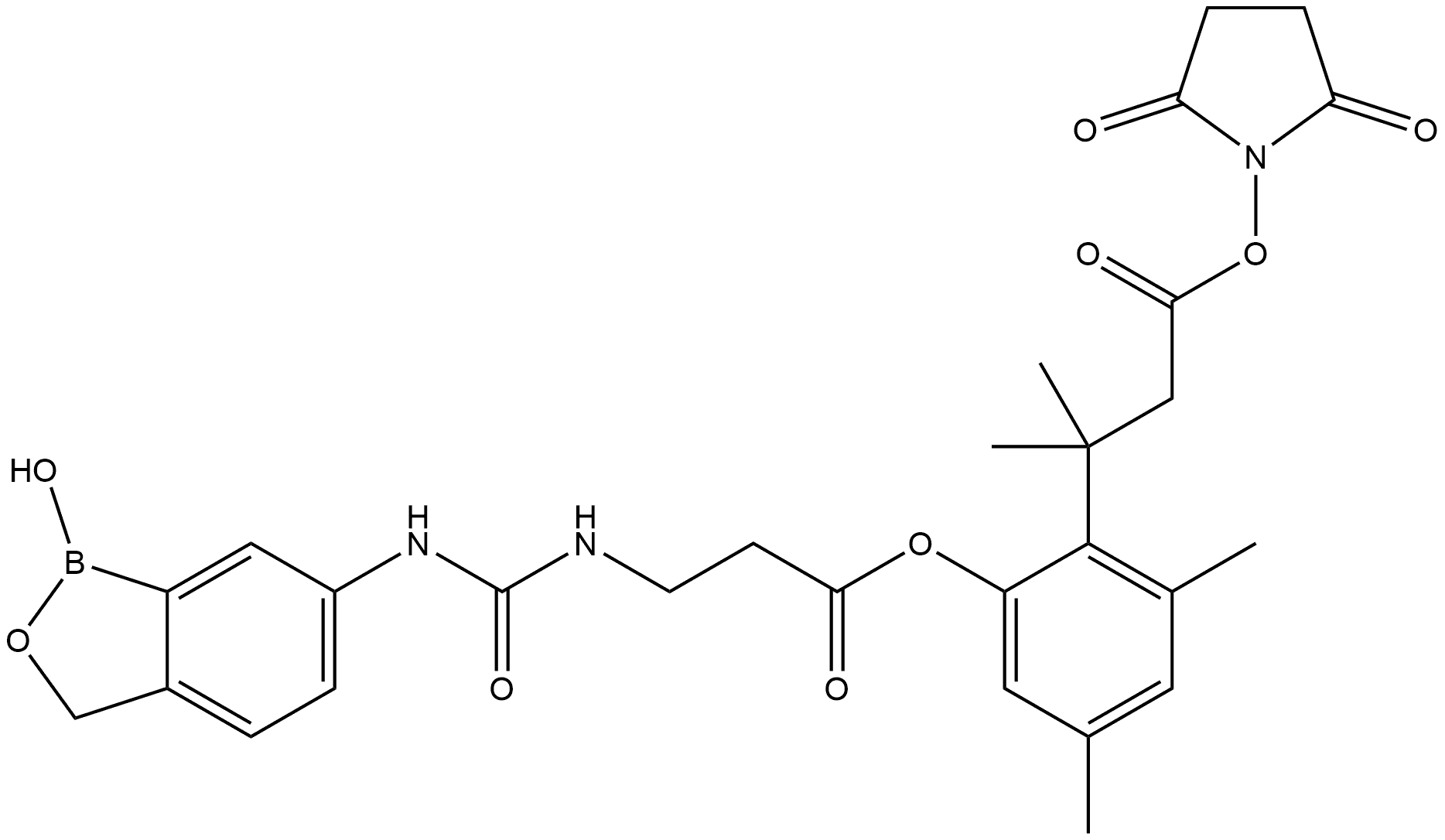 N-[[(1,3-Dihydro-1-hydroxy-2,1-benzoxaborol-6-yl)amino]carbonyl]-β-alanine 2-[3-[(2,5-dioxo-1-pyrrolidinyl)oxy]-1,1-dimethyl-3-oxopropyl]-3,5-dimethylphenyl ester Structure