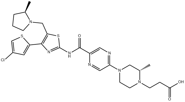 (2S)-4-[5-[[[4-(4-Chloro-2-thienyl)-5-[[(2R)-2-methyl-1-pyrrolidinyl]methyl]-2-thiazolyl]amino]carbonyl]-2-pyrazinyl]-2-methyl-1-piperazinepropanoic acid Structure