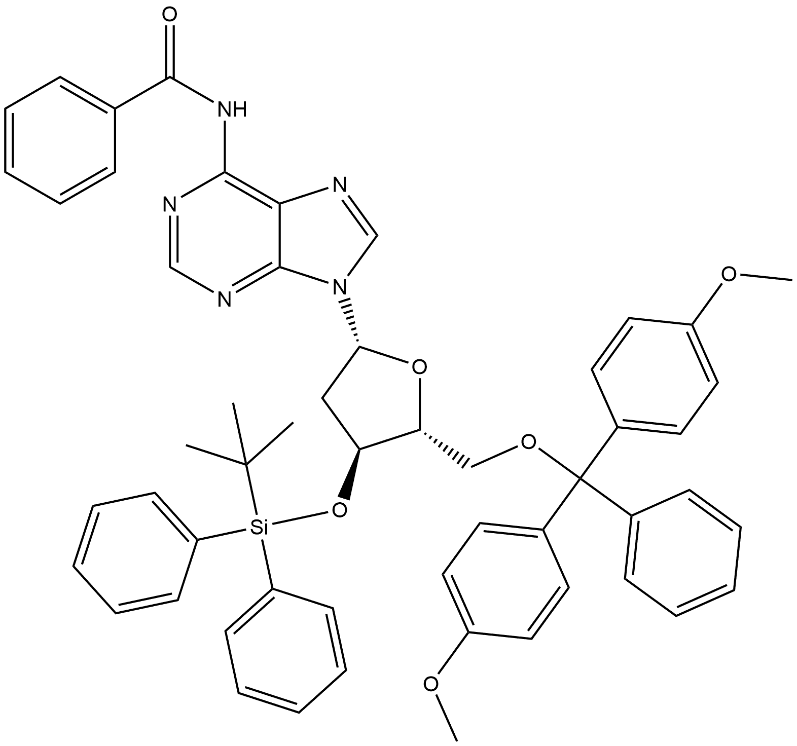 Adenosine, N-benzoyl-5′-O-[bis(4-methoxyphenyl)phenylmethyl]-2′-deoxy-3′-O-[(1,1-dimethylethyl)diphenylsilyl]- Structure