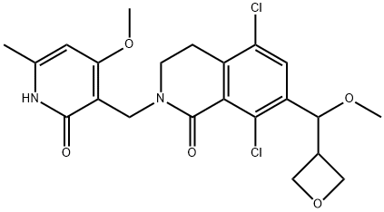 1(2H)-Isoquinolinone, 5,8-dichloro-2-[(1,2-dihydro-4-methoxy-6-methyl-2-oxo-3-pyridinyl)methyl]-3,4-dihydro-7-(methoxy-3-oxetanylmethyl)- Structure