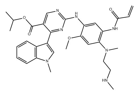 5-Pyrimidinecarboxylic acid, 2-[[2-methoxy-4-[methyl[2-(methylamino)ethyl]amino]-5-[(1-oxo-2-propen-1-yl)amino]phenyl]amino]-4-(1-methyl-1H-indol-3-yl)-, 1-methylethyl ester Structure