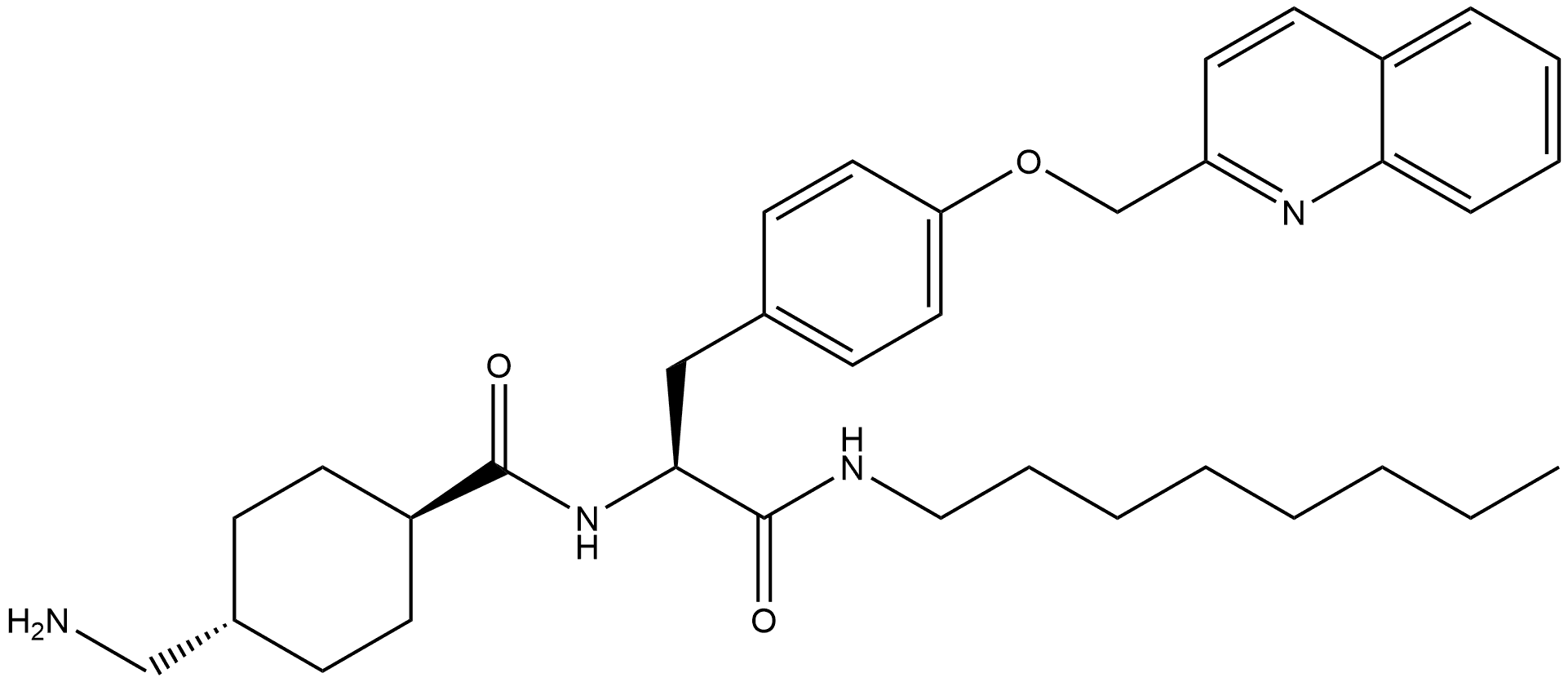 Benzenepropanamide, α-[[[trans-4-(aminomethyl)cyclohexyl]carbonyl]amino]-N-octyl-4-(2-quinolinylmethoxy)-, (αS)- Structure