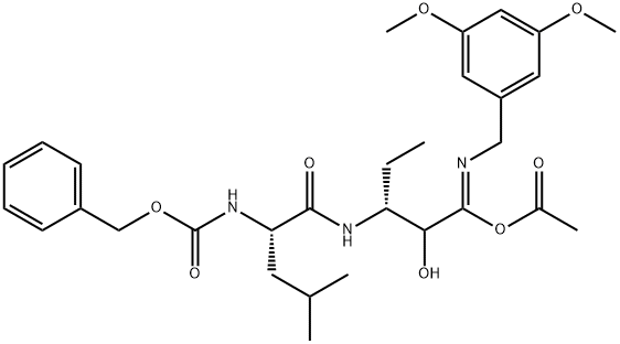 acetic (3R,Z)-3-((S)-2-(((benzyloxy)carbonyl)amino)-4-methylpentanamido)-N-(3,5-dimethoxybenzyl)-2-hydroxypentanimidic anhydride Structure