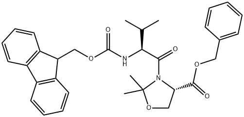 4-Oxazolidinecarboxylic acid, 3-[(2S)-2-[[(9H-fluoren-9-ylmethoxy)carbonyl]amino]-3-methyl-1-oxobutyl]-2,2-dimethyl-, phenylmethyl ester, (4S)- 구조식 이미지