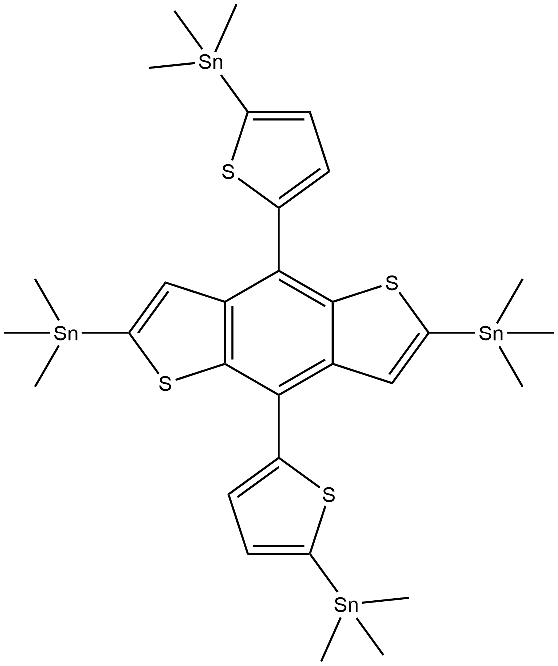 1,1′-[[2,6-Bis(trimethylstannyl)benzo[1,2-b:4,5-b′]dithiophene-4,8-diyl]di-5,2-thiophenediyl]bis[1,1,1-trimethylstannane] 구조식 이미지
