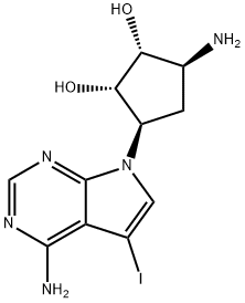 1,2-Cyclopentanediol, 3-amino-5-(4-amino-5-iodo-7H-pyrrolo[2,3-d]pyrimidin-7-yl)-, (1S,2R,3S,5R)- 구조식 이미지