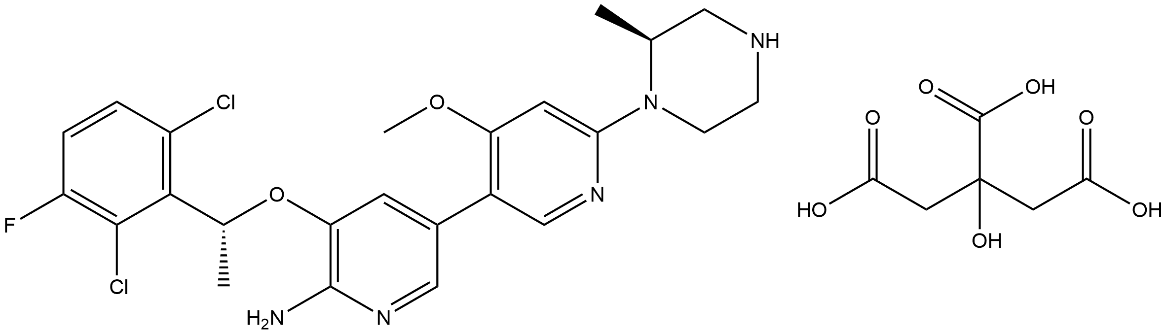 [3,3′-Bipyridin]-6-amine, 5-[(1R)-1-(2,6-dichloro-3-fluorophenyl)ethoxy]-4′-methoxy-6′-[(2S)-2-methyl-1-piperazinyl]-, 2-hydroxy-1,2,3-propanetricarboxylate (1:1) Structure