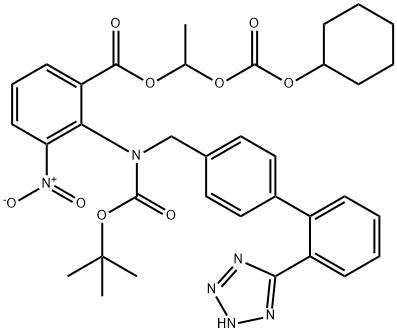 Benzoic acid, 2-[[(1,1-dimethylethoxy)carbonyl][[2'-(2H-tetrazol-5-yl)[1,1'-biphenyl]-4-yl]methyl]amino]-3-nitro-, 1-[[(cyclohexyloxy)carbonyl]oxy]ethyl ester Structure