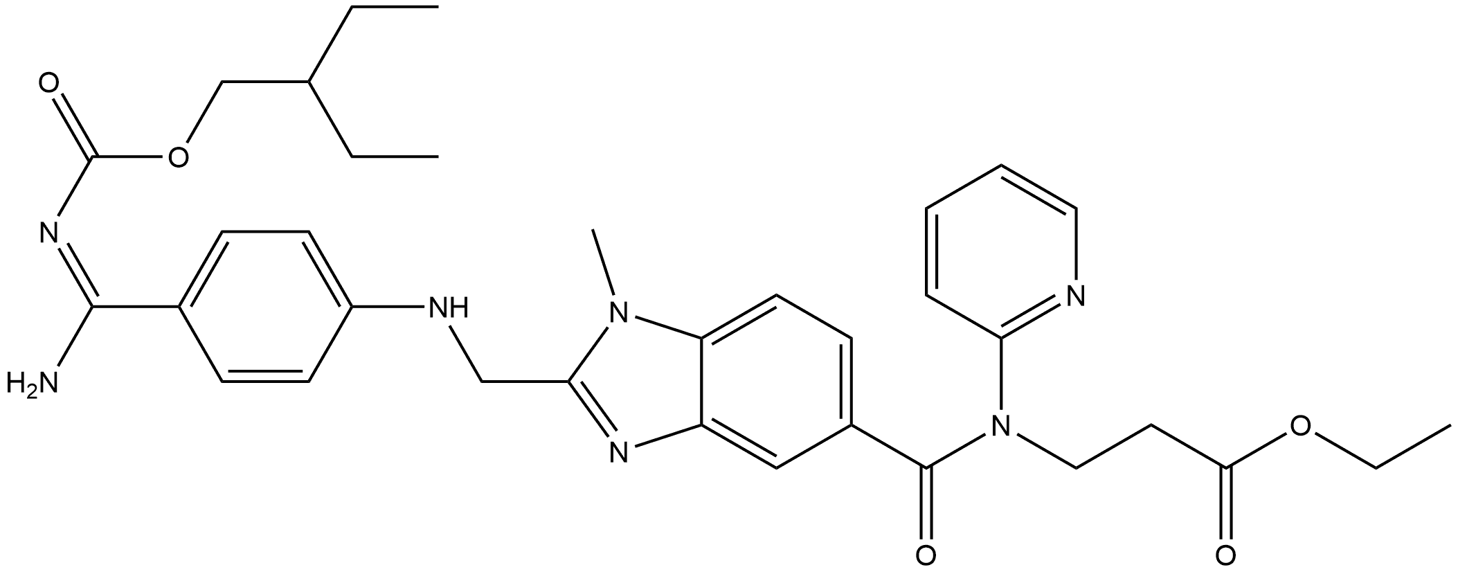 β-Alanine, N-[[2-[[[4-[(E)-amino[[(2-ethylbutoxy)carbonyl]imino]methyl]phenyl]amino]methyl]-1-methyl-1H-benzimidazol-5-yl]carbonyl]-N-2-pyridinyl-, ethyl ester Structure