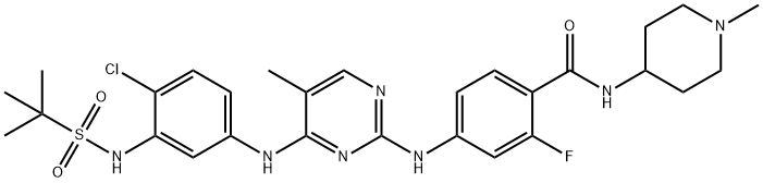 Benzamide, 4-[[4-[[4-chloro-3-[[(1,1-dimethylethyl)sulfonyl]amino]phenyl]amino]-5-methyl-2-pyrimidinyl]amino]-2-fluoro-N-(1-methyl-4-piperidinyl)- Structure