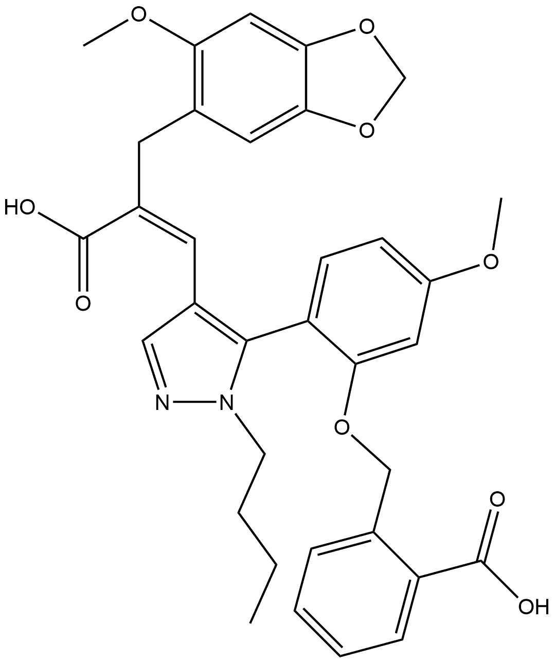 1,3-Benzodioxole-5-propanoic acid, α-[[1-butyl-5-[2-[(2-carboxyphenyl)methoxy]-4-methoxyphenyl]-1H-pyrazol-4-yl]methylene]-6-methoxy-, (αZ)- Structure