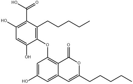 Benzoic acid, 4,6-dihydroxy-3-[(6-hydroxy-1-oxo-3-pentyl-1H-2-benzopyran-8-yl)oxy]-2-pentyl- Structure