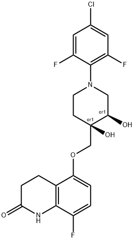 2(1H)-Quinolinone, 5-[[(3R,4R)-1-(4-chloro-2,6-difluorophenyl)-3,4-dihydroxy-4-piperidinyl]methoxy]-8-fluoro-3,4-dihydro-, rel- Structure