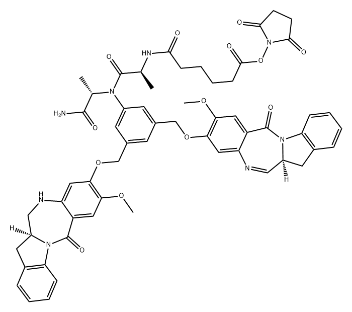 L-Alaninamide, N-[6-[(2,5-dioxo-1-pyrrolidinyl)oxy]-1,6-dioxohexyl]-L-alanyl-N-[3-[[[(12aS)-12a,13-dihydro-8-methoxy-6-oxo-6H-indolo[2,1-c][1,4]benzodiazepin-9-yl]oxy]methyl]-5-[[[(12aS)-11,12,12a,13-tetrahydro-8-methoxy-6-oxo-6H-indolo[2,1-c][1,4]benzodiazepin-9-yl]oxy]methyl]phenyl]- Structure