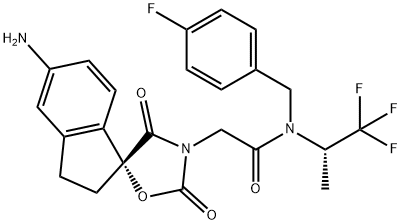 Spiro[1H-indene-1,5'-oxazolidine]-3'-acetamide, 5-amino-N-[(4-fluorophenyl)methyl]-2,3-dihydro-2',4'-dioxo-N-[(1S)-2,2,2-trifluoro-1-methylethyl]-, (1R)- Structure