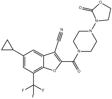 5-Cyclopropyl-2-[[4-(2-oxo-3-oxazolidinyl)-1-piperazinyl]carbonyl]-7-(trifluoromethyl)-3-benzofurancarbonitrile Structure