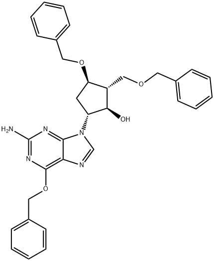 Cyclopentanol, 5-[2-amino-6-(phenylmethoxy)-9H-purin-9-yl]-3-(phenylmethoxy)-2-[(phenylmethoxy)methyl]-, (1R,2R,3R,5R)- Structure