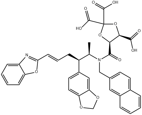 1,3-Dioxolane-2,2,4-tricarboxylic acid, 5-[[[(1R,2R,4E)-2-(1,3-benzodioxol-5-yl)-5-(2-benzoxazolyl)-1-methyl-4-penten-1-yl](2-naphthalenylmethyl)amino]carbonyl]-, (4R,5S)- Structure