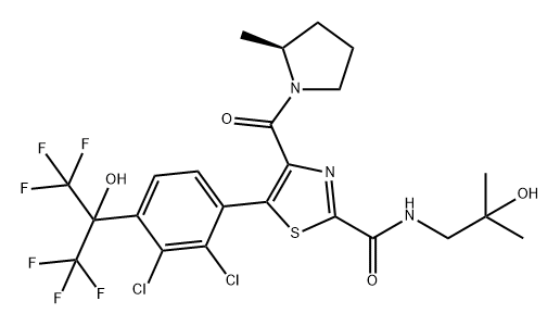 2-Thiazolecarboxamide, 5-[2,3-dichloro-4-[2,2,2-trifluoro-1-hydroxy-1-(trifluoromethyl)ethyl]phenyl]-N-(2-hydroxy-2-methylpropyl)-4-[[(2S)-2-methyl-1-pyrrolidinyl]carbonyl]- Structure