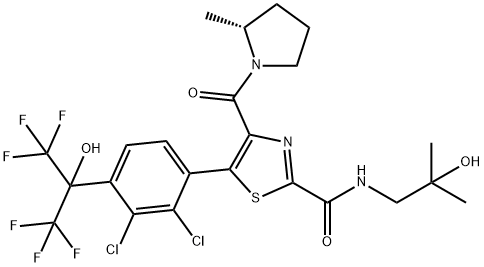 2-Thiazolecarboxamide, 5-[2,3-dichloro-4-[2,2,2-trifluoro-1-hydroxy-1-(trifluoromethyl)ethyl]phenyl]-N-(2-hydroxy-2-methylpropyl)-4-[[(2R)-2-methyl-1-pyrrolidinyl]carbonyl]- Structure