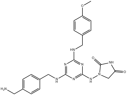 2,4-Imidazolidinedione, 1-[[4-[[[4-(aminomethyl)phenyl]methyl]amino]-6-[[(4-methoxyphenyl)methyl]amino]-1,3,5-triazin-2-yl]amino]- Structure