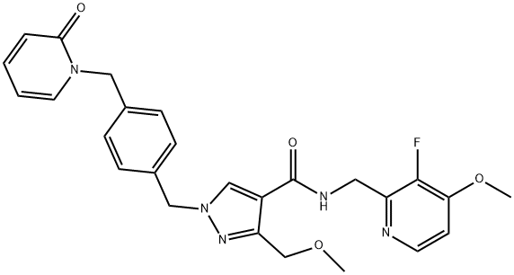1H-Pyrazole-4-carboxamide, N-[(3-fluoro-4-methoxy-2-pyridinyl)methyl]-3-(methoxymethyl)-1-[[4-[(2-oxo-1(2H)-pyridinyl)methyl]phenyl]methyl]- Structure