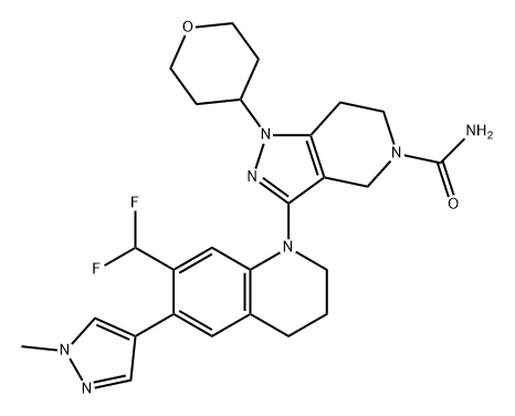 5H-Pyrazolo[4,3-c]pyridine-5-carboxamide, 3-[7-(difluoromethyl)-3,4-dihydro-6-(1-methyl-1H-pyrazol-4-yl)-1(2H)-quinolinyl]-1,4,6,7-tetrahydro-1-(tetrahydro-2H-pyran-4-yl)- Structure